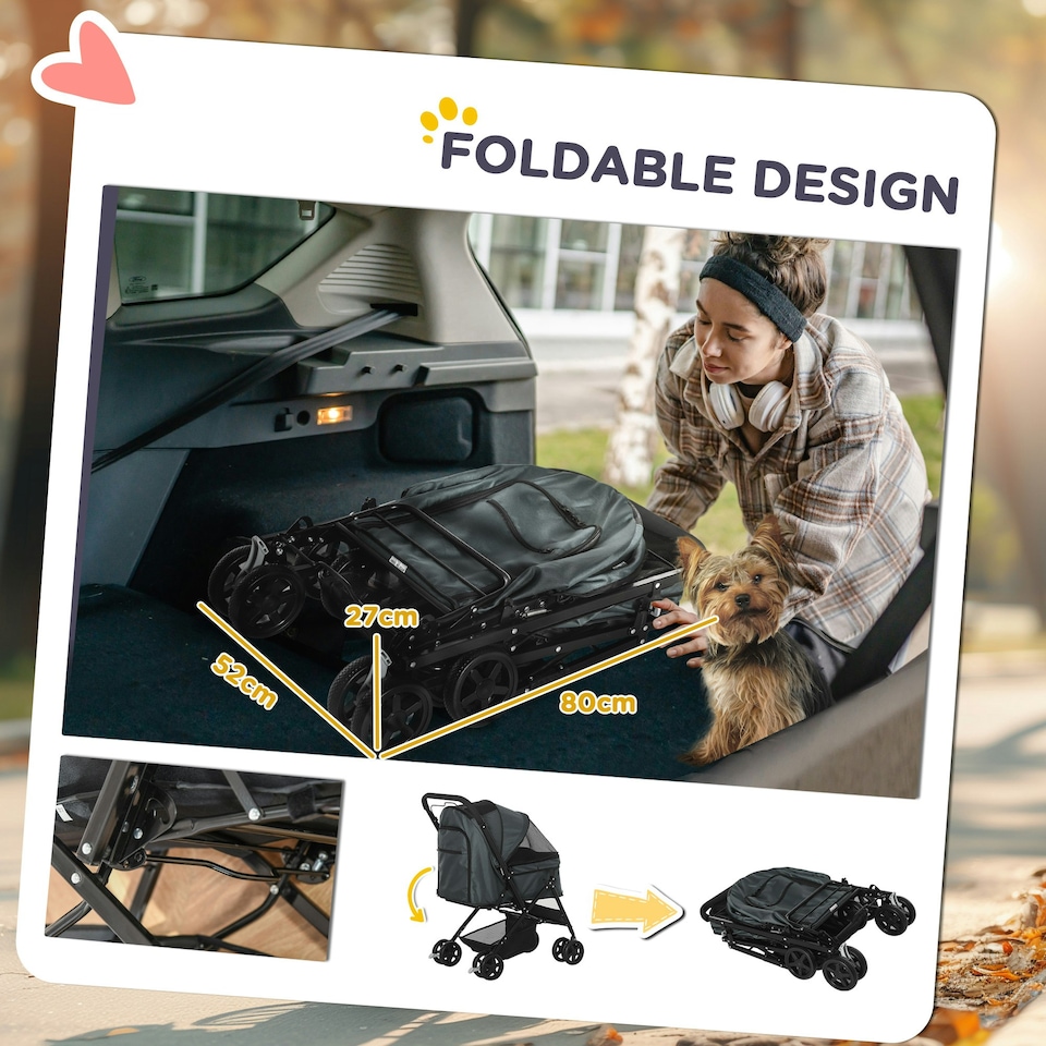 image 1 of PawHut Pet Stroller Dog Foldable Travel Carriage with Reversible Handle, Grey