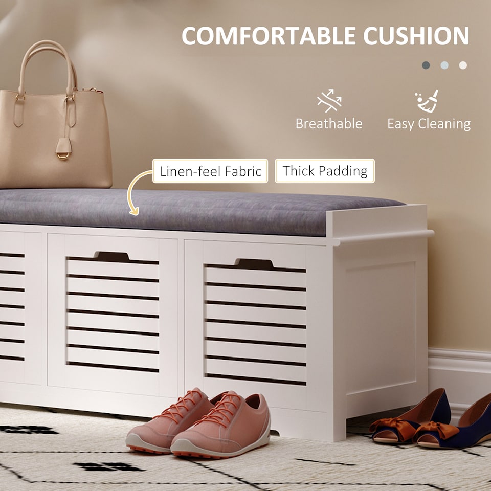 image 1 of HOMCOM 3-Door Shoe Storage Bench Cushion Seat Slatted Doors, White