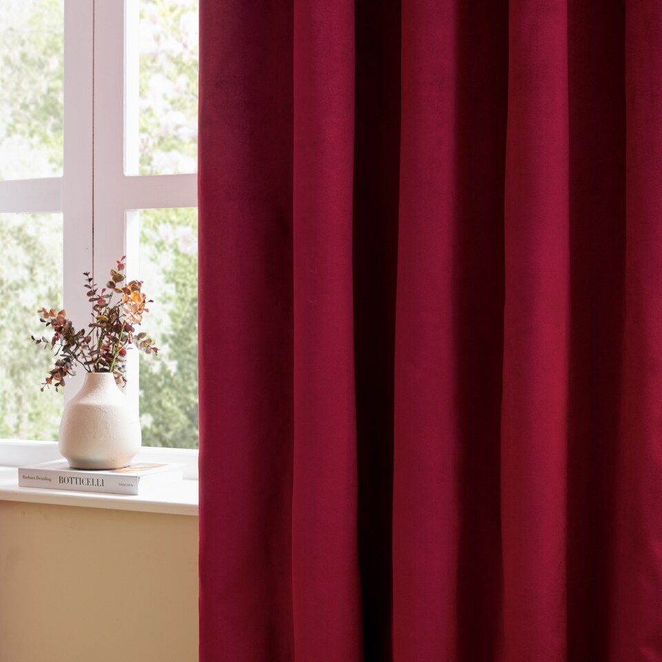 image 1 of furn. The Ultimate Velvet Room Darkening Pencil Pleat Curtain Pair, Burgundy, (W)168x (D)137cm | Red | Burgundy | One Size