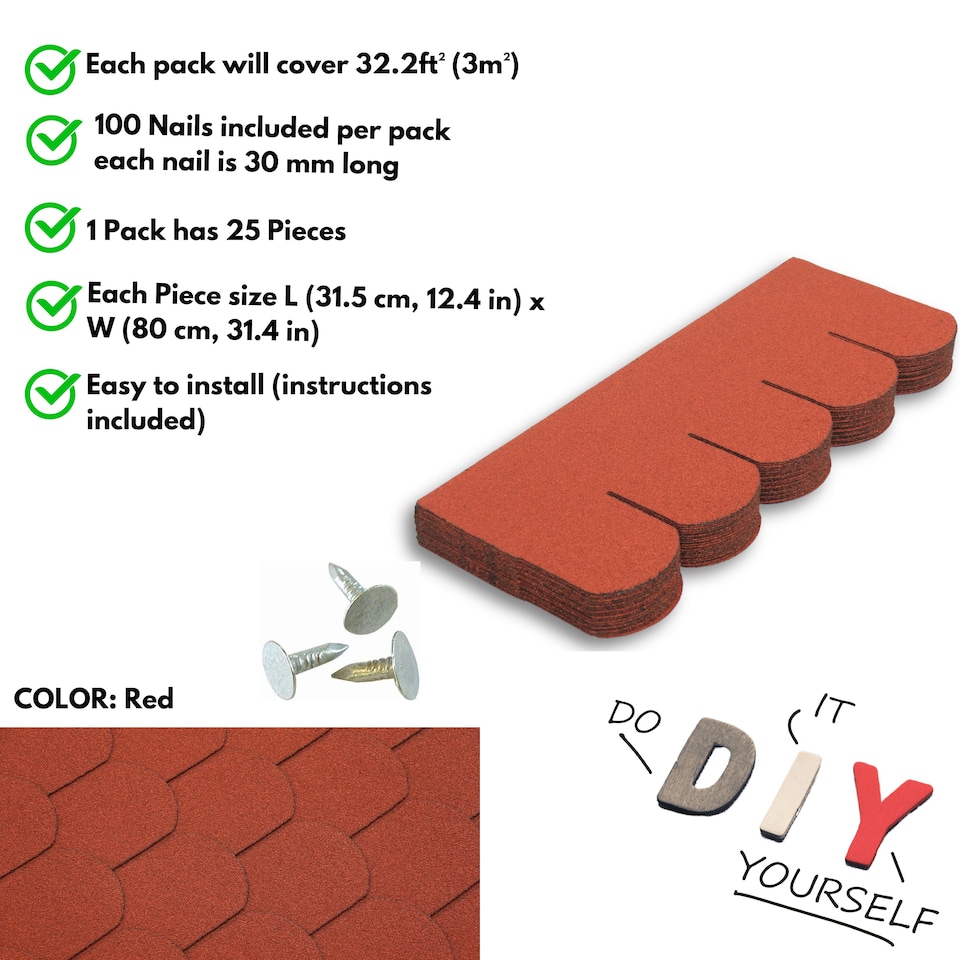 image 1 of Premium Asphalt Roof Shingles - Fish Scales Design 80 x 31.5 cm Weather Resistant Roofing Felt (25 Pcs)