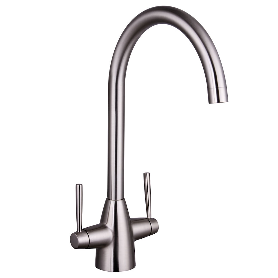 image 1 of Contemporary Dual Handle Kitchen Mixer Tap, Brushed Nickel | Silver | Brushed Nickel