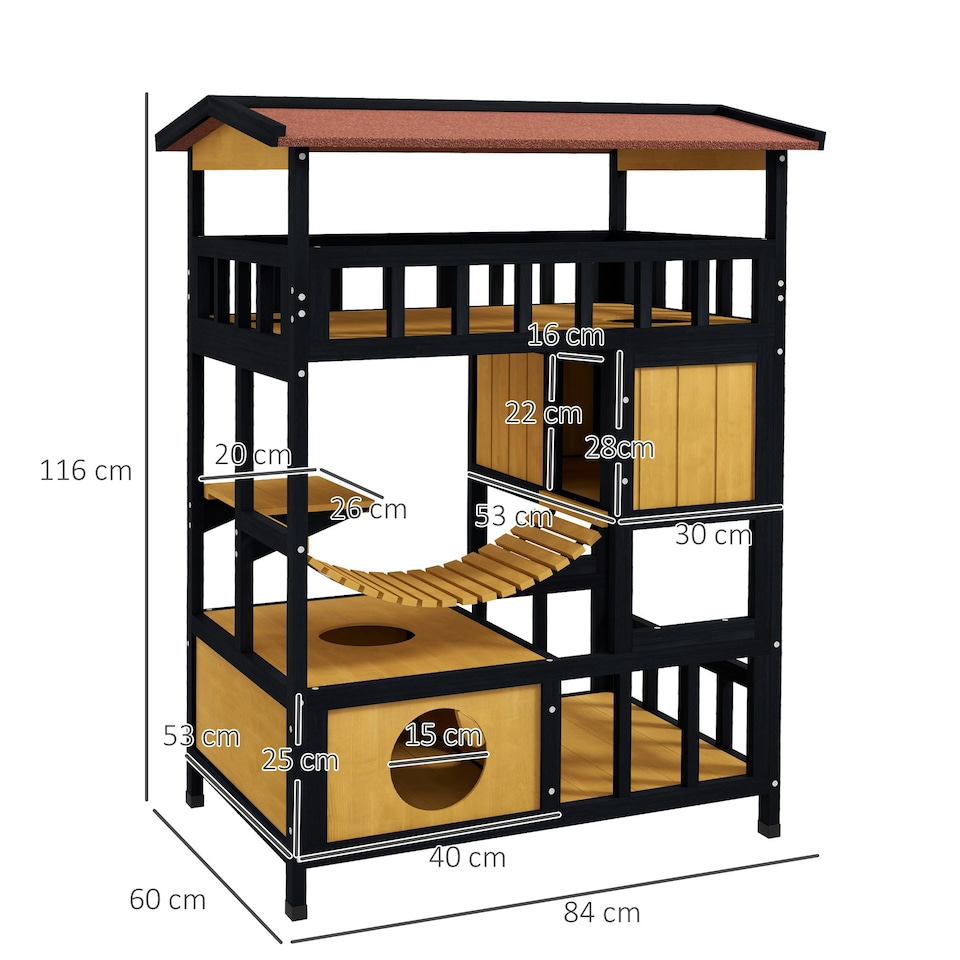image 1 of PawHut Outdoor Cat House w/ Suspension Bridge, Houses, Balcony