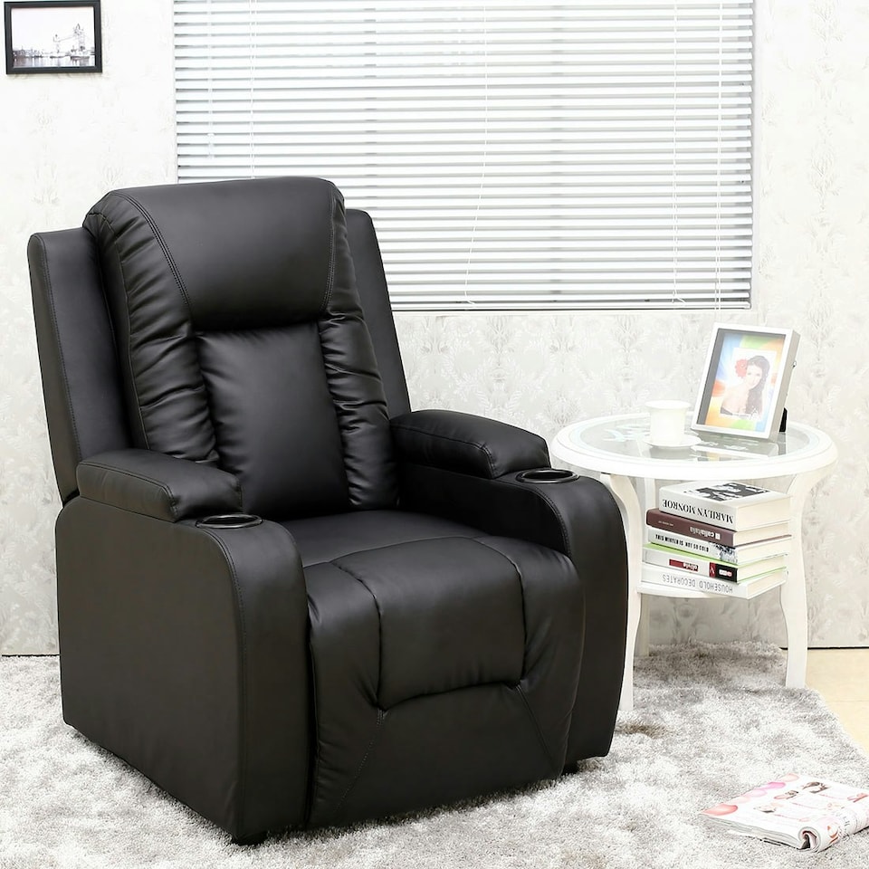 image 1 of Oscar Pushback Recliner Bonded Leather w Cupholders Chair Black | Black