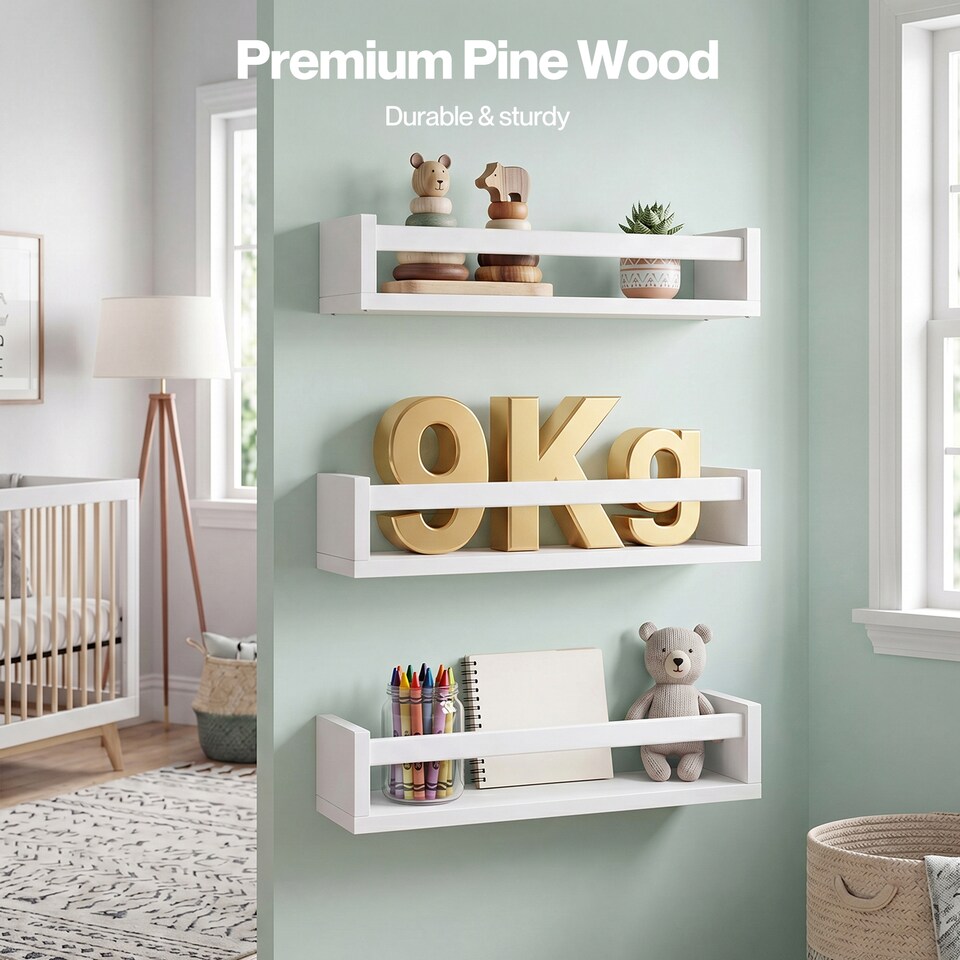 image 1 of Levede Nursery Book Shelves Kids Wall Floating Shelf White Solid Wood 3 Pack