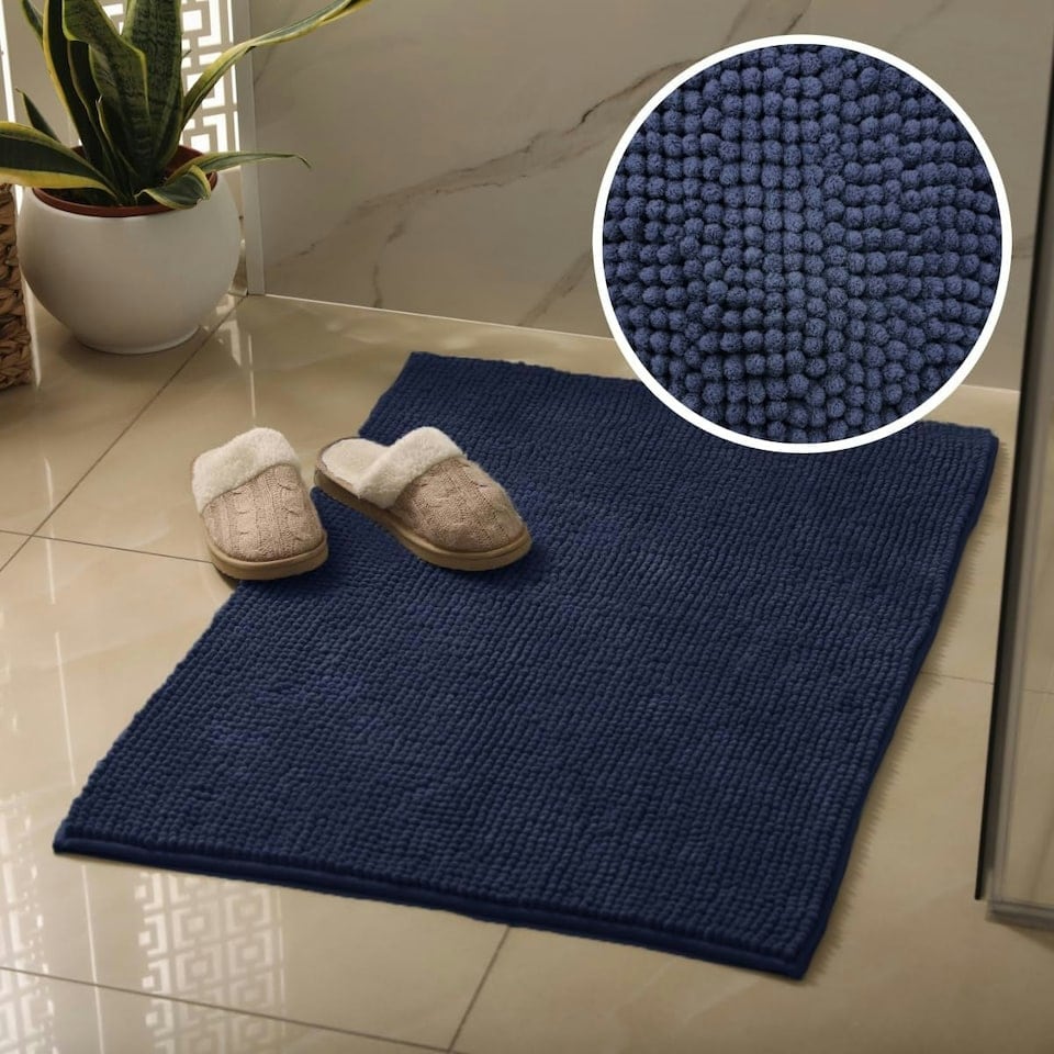 image 1 of Chenille Bobble Bath Mat Non-Slip 60 x 90cm - Navy Blue