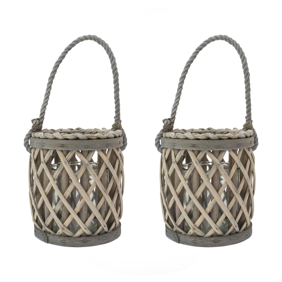 image 1 of JVL Luna Set of 2 Natural Willow Wood Lantern With Braided Rope Handle, Grey Wash