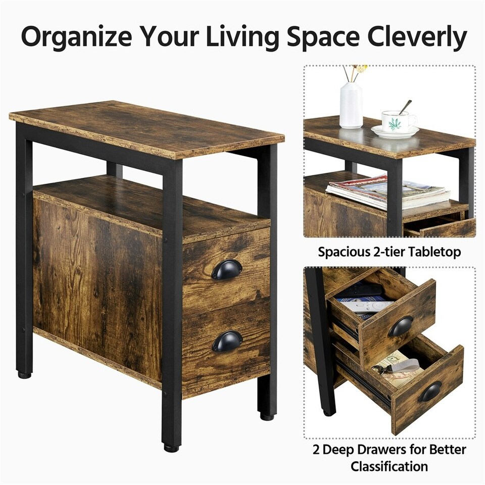 image 1 of Yaheetech Vintage Style Side Table with 2 Drawers Rustic Brown