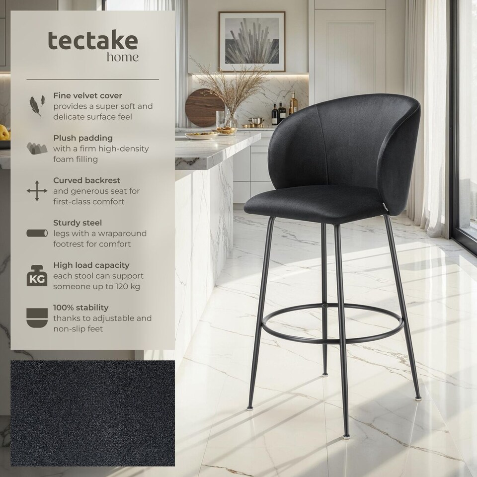image 1 of Bar Stool Luana - with backrest, velvet look and padded | Black | black/black | 60 x 51 x 106 cm | 2