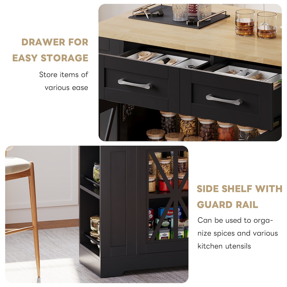 image 1 of VILUXE Mobile Kitchen Island with Foldable Worktop, 2 AC Sockets, 2 USB Ports, Glass Doors, Adjustable Shelves and Lockable Wheels, Black and Natural
