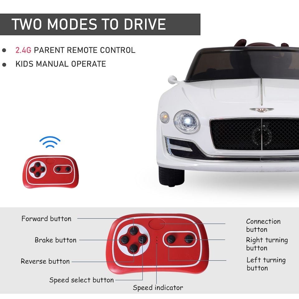 image 1 of HOMCOM Bentley GT Licensed 12V Electric Car for Kids, Kid's Electric Ride on with Remote Control, Ride on Car with LED Lights, Music, for 3-5 Years, White