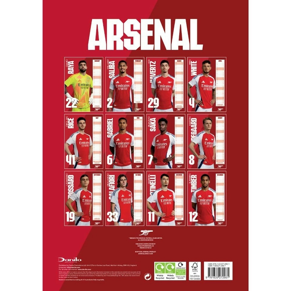 image 1 of Arsenal FC 2025 A3 Wall Calendar - Multicoloured - One Size