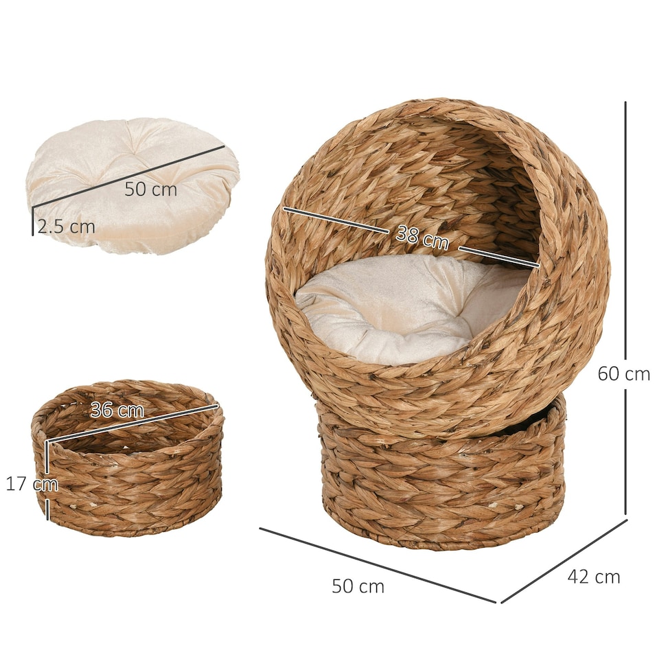 image 1 of PawHut Wicker Cat House, Raised Cat Bed with Cylindrical Base, 50 x 42 x 60 cm