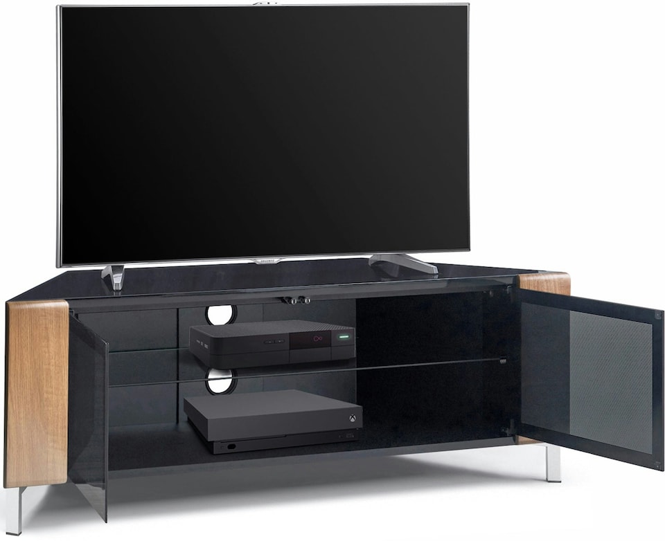 image 1 of MDA Designs CORVUS Corner-Friendly Gloss Black Contemporary Cabinet with Oak Profiles Black BeamThru Glass Doors Suitable for Flat Screen TVs up to 50" | Multi | 1