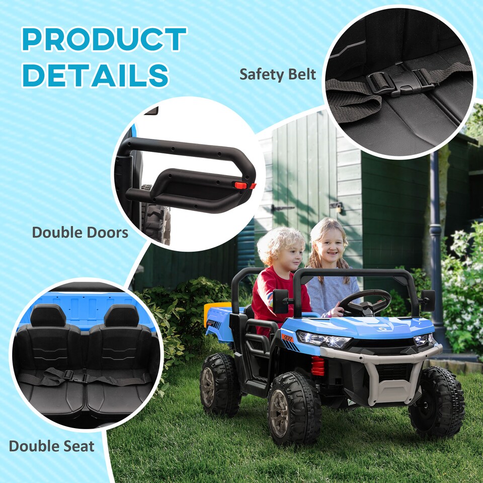 image 1 of HOMCOM Kids Ride on Car, Electric Car for Kids with Electric Bucket, 12V 2 Seater UTV with Shovel, Parental Remote, 4 Spring Suspension Wheels, Working Horn, Music - Blue