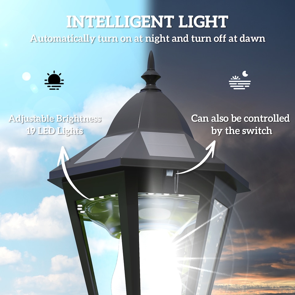 image 1 of Outsunny Outdoor Solar Powered Lantern Lamp Garden Lamp Post Light Black
