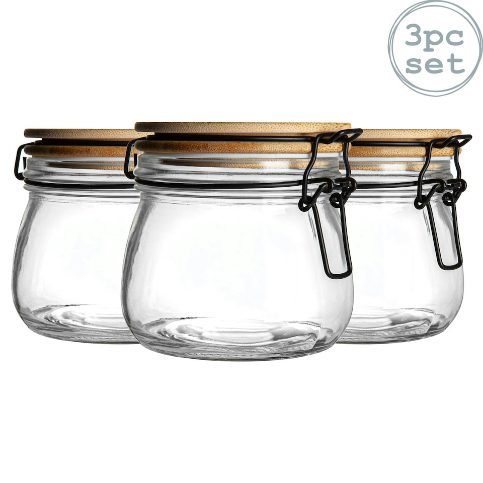 image 1 of Argon Tableware Wooden Clip Lid Storage Jars - 500ml - White Seal - Pack of 3