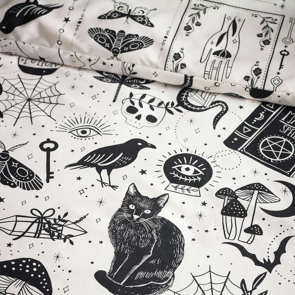 image 1 of Catherine Lansfield Enchanted Witchcraft Reversible Duvet Cover Set Black / Natural Black | Black / Natural | Double