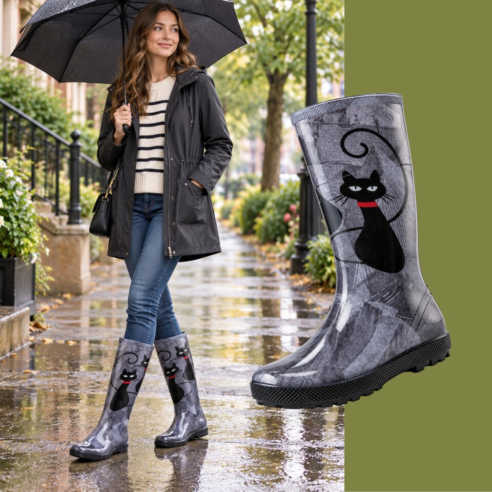 image 1 of Hawai Lady Women's Cat Print PVC Rain Wellies EU41