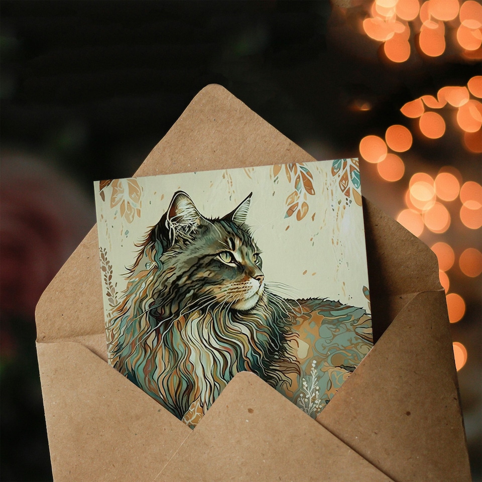 image 1 of Happy Birthday Maine Coon Cat with Leaf Pattern Birthday Card