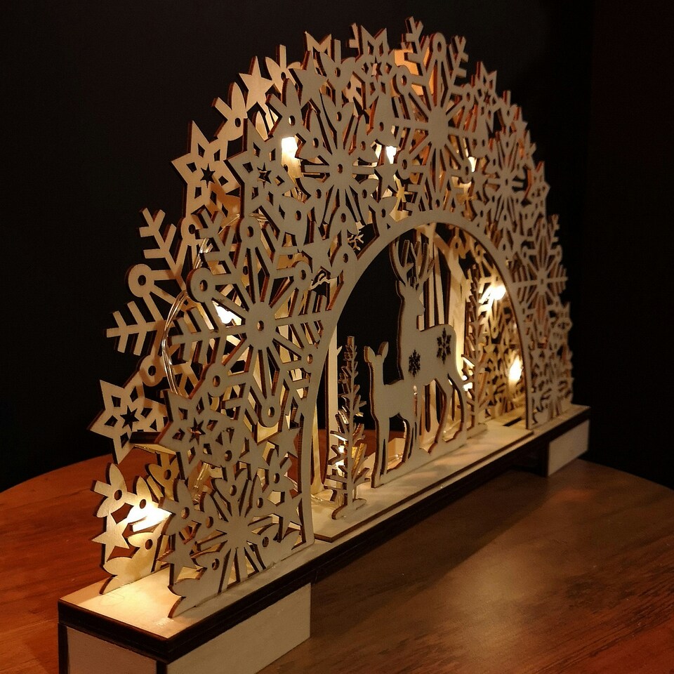 image 1 of 45cm Battery Operated Light up Wooden Christmas Deer with Snowflake Bridge & LEDs
