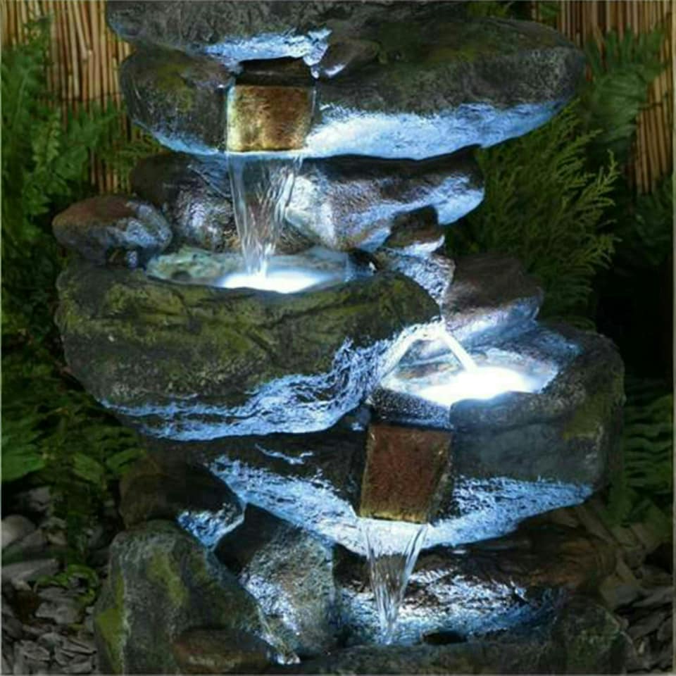 image 1 of Primrose Bekko Falls Stone Effect 3 Tier Cascading Water Feature LED Lights 55cm