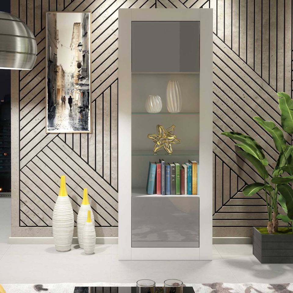 image 1 of Display Cabinet Bookcase Bookshelf Storage Cabinet Glass Display Unit White Grey High Gloss 170cm