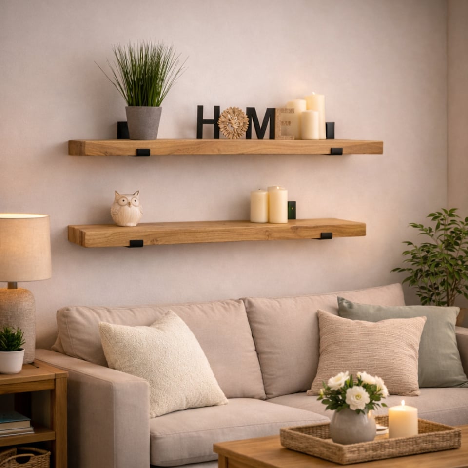 image 1 of MKGT Handmade Rustic Pine Floating Wall Shelf with Steel Brackets, Solid Wood, 60 x 22 x 4.5 cm