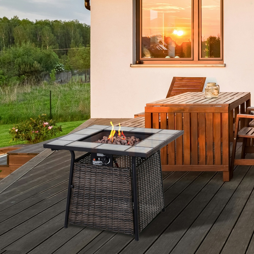 image 1 of Outsunny Rattan Fire Pit Square Patio Heater with Fire Control Panel
