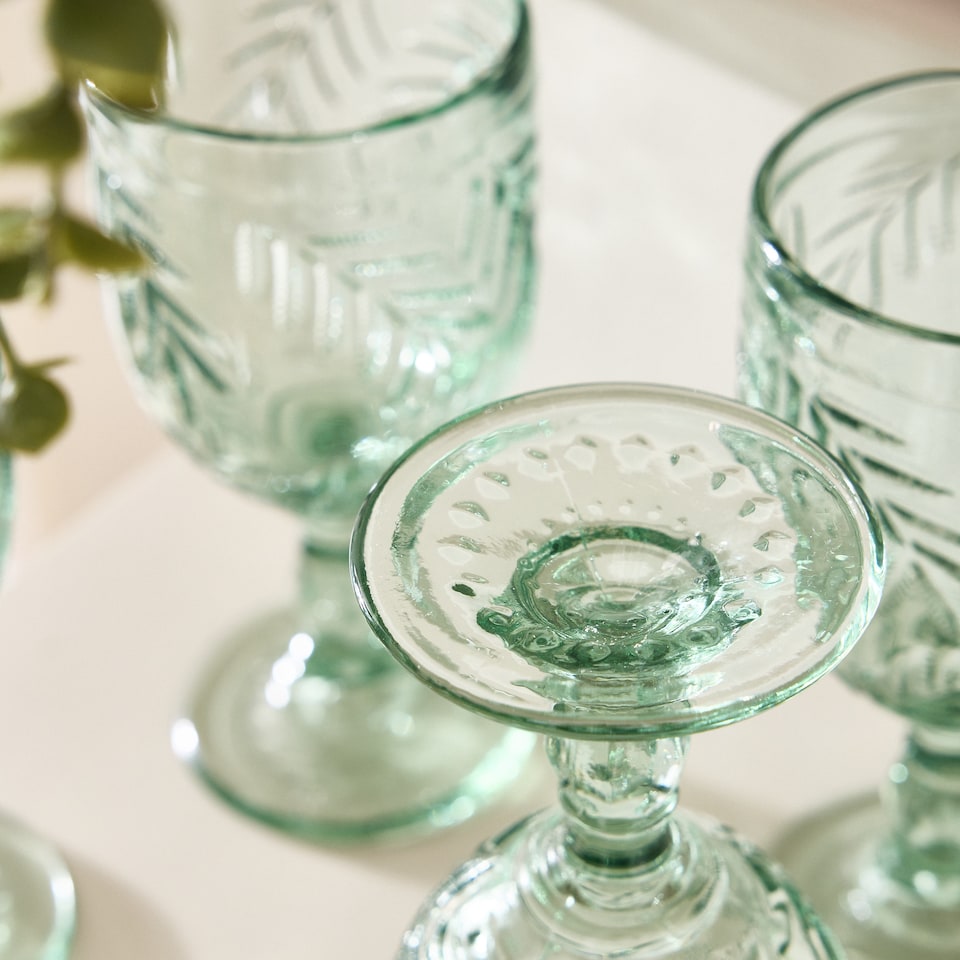 image 1 of Set of 4 Laurier Green Embossed Leaf Drinking Glass Spring Summer Wine Goblets 320ml