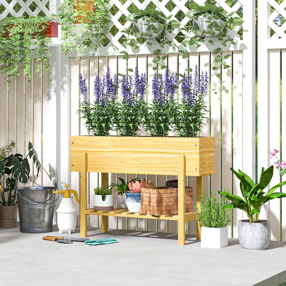 image 1 of Outsunny Wooden Raised Bed w/ Bed Liner, Drainage Holes, Storage Shelf, Grey
