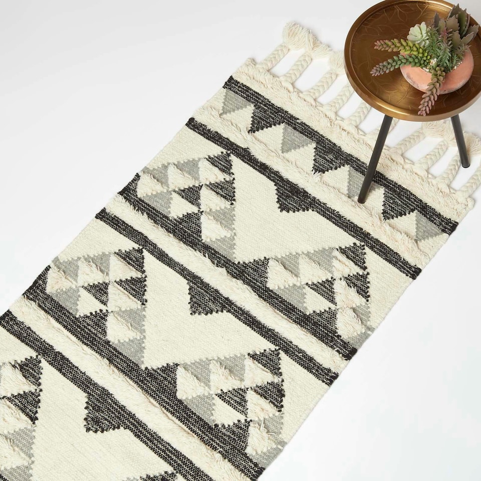 image 1 of Homescapes Kota Black and Grey Kilim Runner Wool Rug - 66 x 200 cm | Grey | 66 x 200 cm