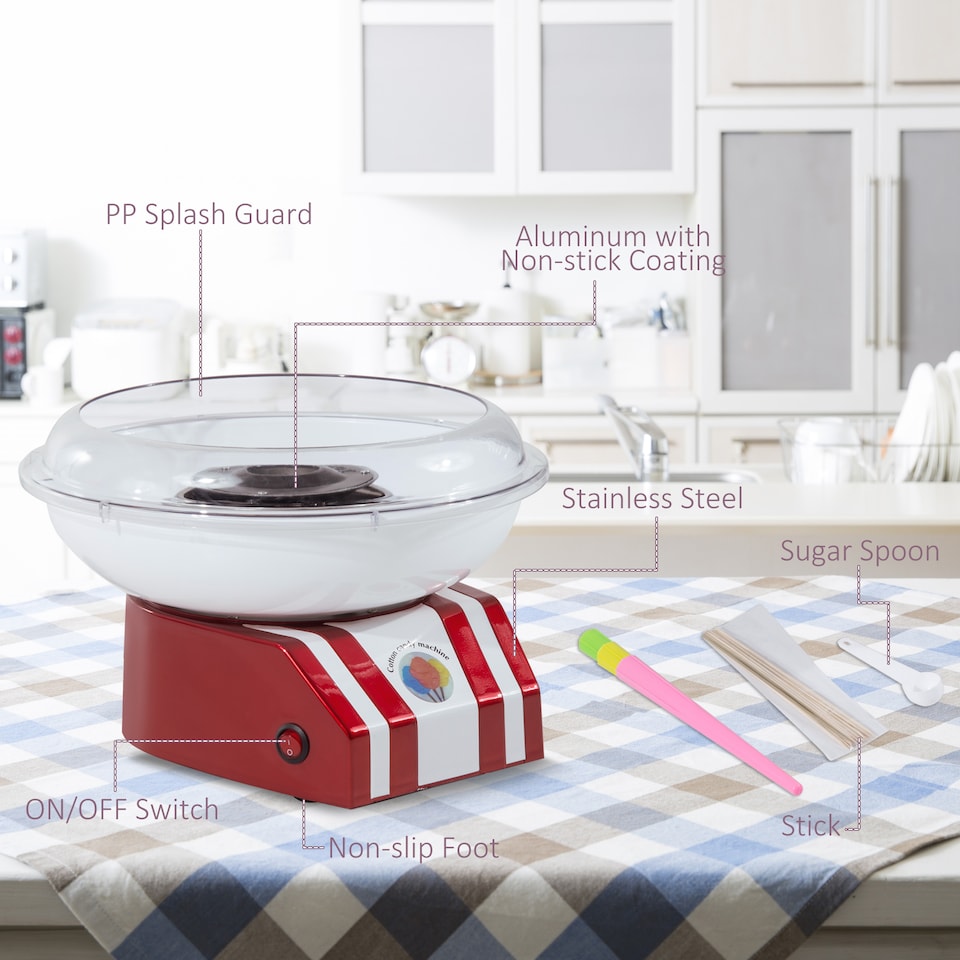 image 1 of HOMCOM Candy Floss Machine for Kids & Adults, 550W  Retro Cotton Maker for Sugar or Candies,  Including 10 Candyfloss Sticks, Non-Slip Base, Red & White