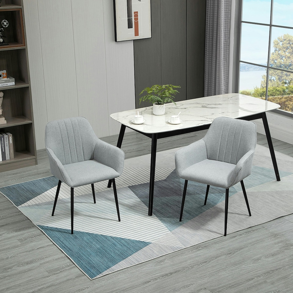image 1 of HOMCOM Dining Chairs Upholstered Linen Fabric Metal Legs, Set of 2, Light Grey