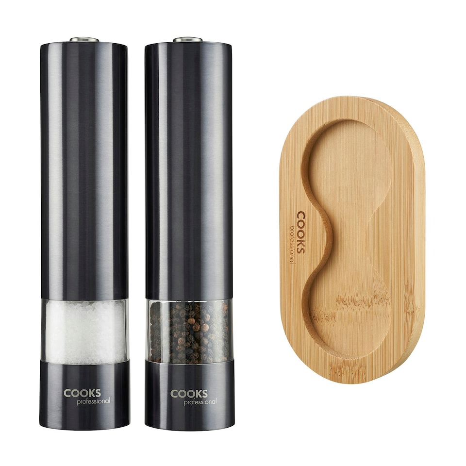 image 1 of Cooks Professional Electric Salt & Pepper Mill Set with Bamboo Base | Adjustable Grind Settings | Simple One-Button Operation | Graphite / Bamboo