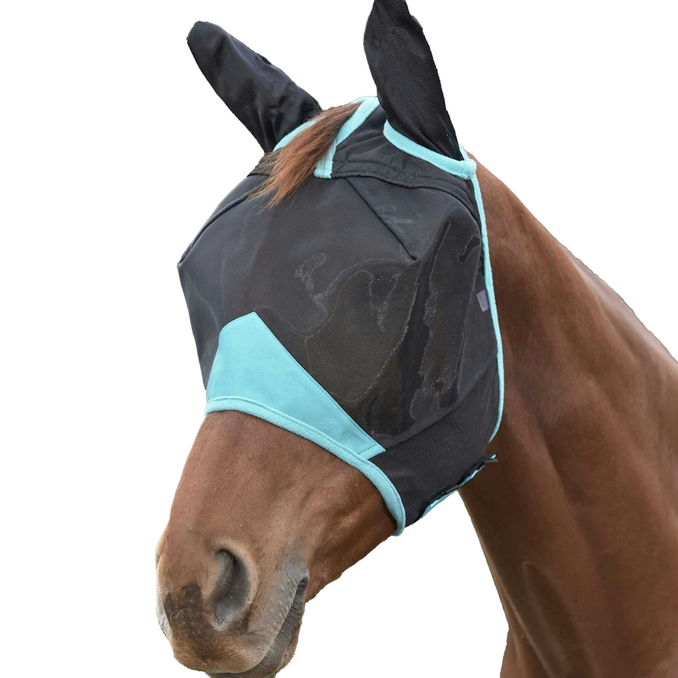 image 1 of Weatherbeeta Comfitec Deluxe Fine Mesh Horse Fly Mask With Ears - Black/Turquoise - Mini