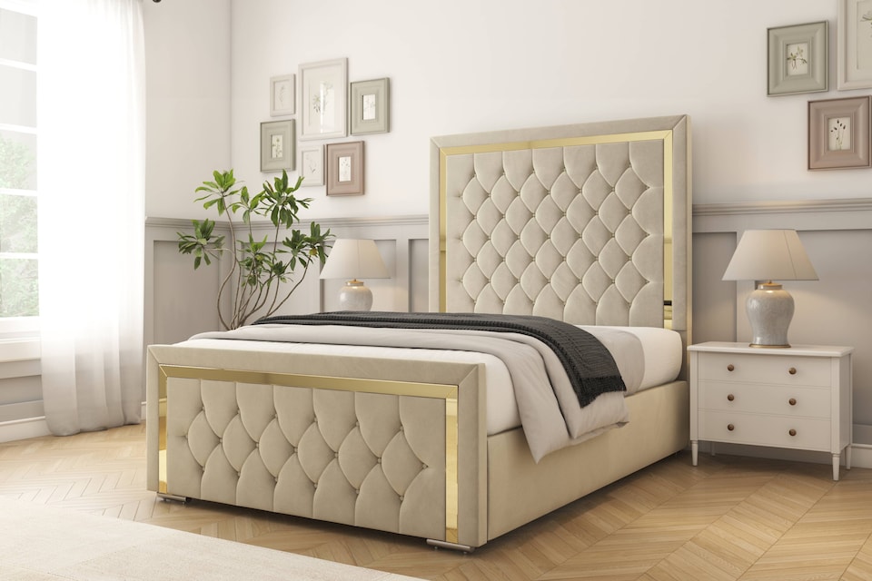 image 1 of Sloomy Sofia Gold Cream Plush Bed Frame With 50" Upholstered Headboard 4' Small Double