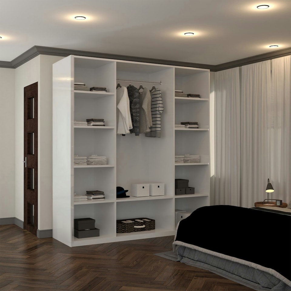 image 1 of Modern 4-Door High Gloss Wardrobe with Soft-Close Mirrors, Gold Accent Handles, Drawers & Shelves – 160cm Wide White | White160cm