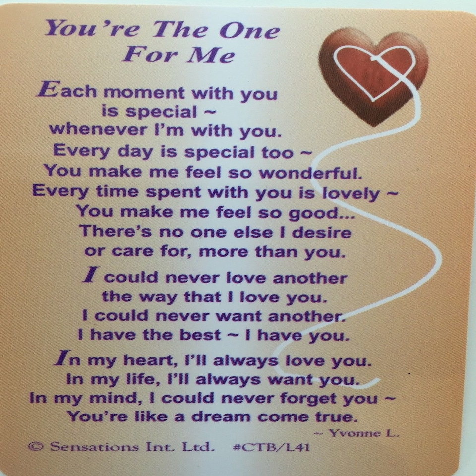image 1 of You`re The One For Me...Wallet Card (Sentimental Keepsake Wallet / Purse Card)