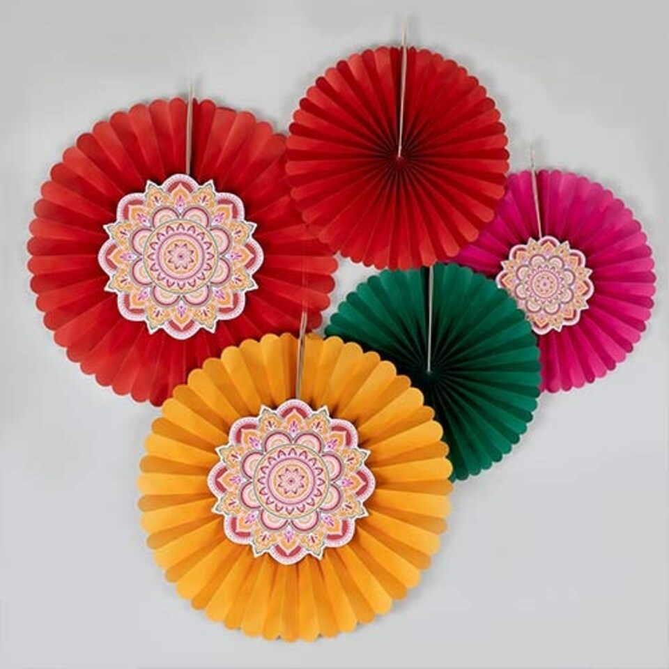 image 1 of Multicoloured Diwali Paper Fan Hanging Decorations - Pack of 5
