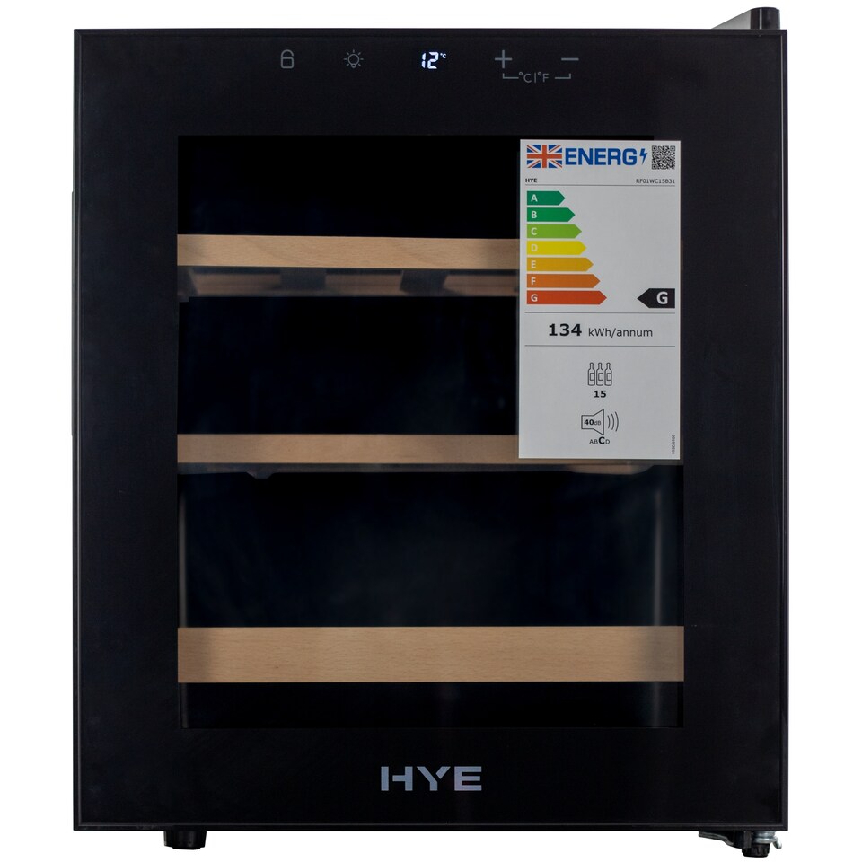 image 1 of HYE 46L Wine Cooler 15 Bottles, 43cm, Touch Controls, LED Lights, Black, Wooden Shelves - RF01WC15B31