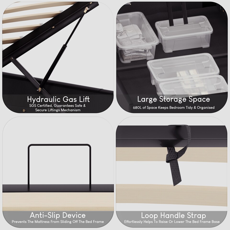 image 1 of Vida Designs Lisbon 5ft King Size Ottoman Bed Storage Faux Leather, Black, 150 x 200cm