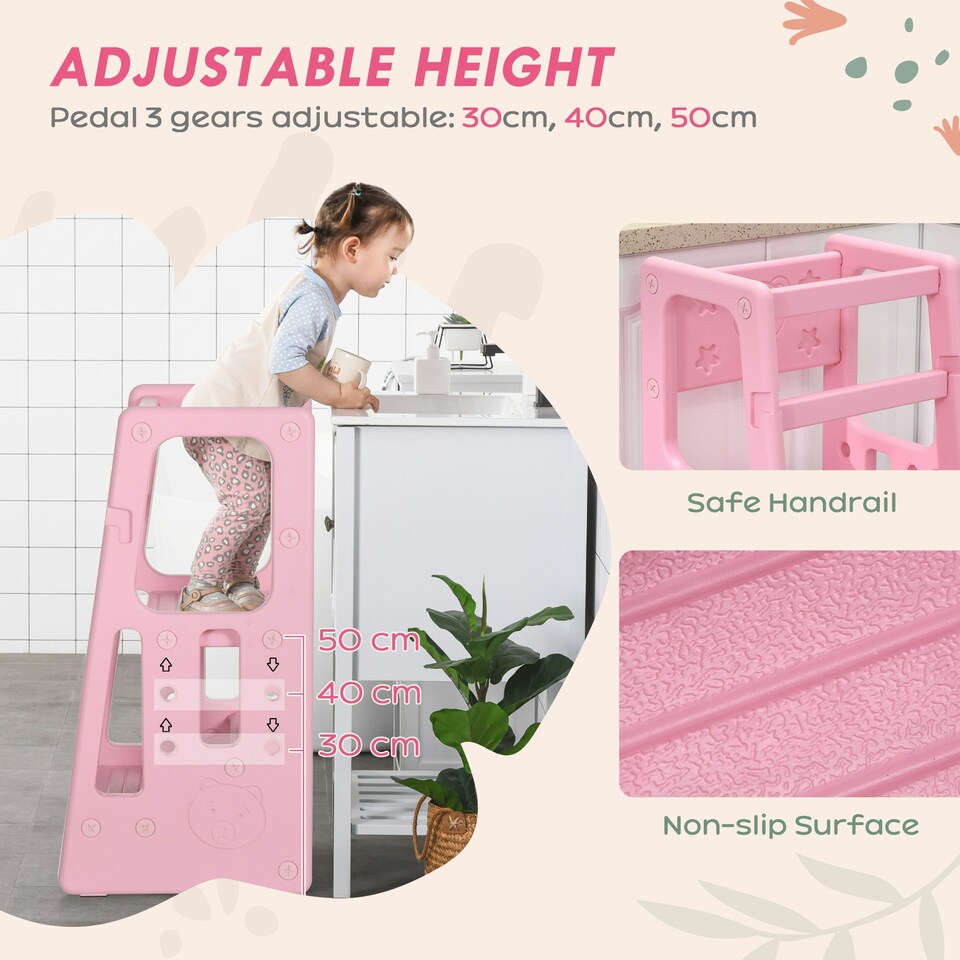 image 1 of HOMCOM Kids Step Stool, Adjustable Standing Platform, Toddler Kitchen Stool Pink