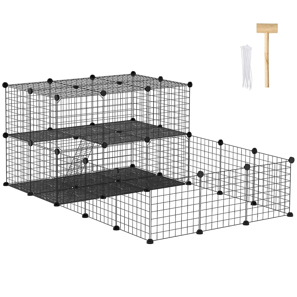 image 1 of PawHut Pet Playpen with Door, Guinea Pigs Metal Mesh Cage, Customizable Fence for Small Animal, Chinchilla, for Indoor and Outdoor Use, with Mallet, Black