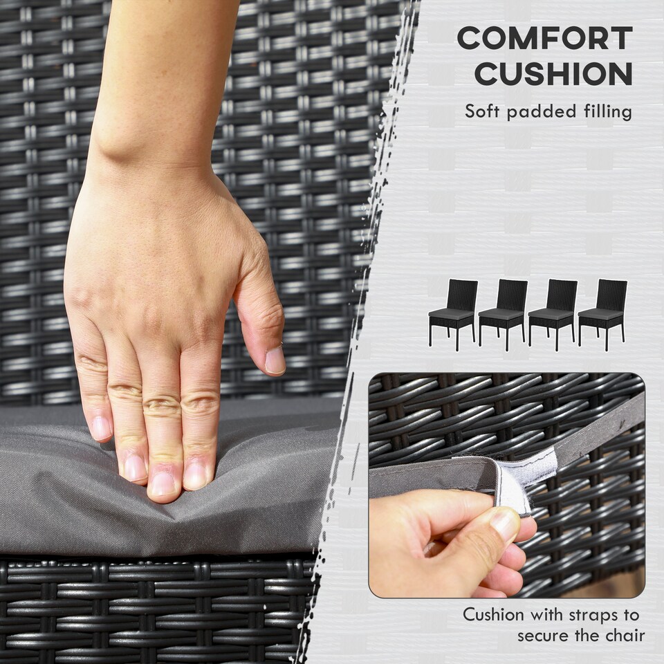 image 1 of Outsunny 4 Pieces PE Rattan Garden Chairs with Cushion, Patio Wicker Dining Chairs with Backrest for Patio, Deck, Garden, Black