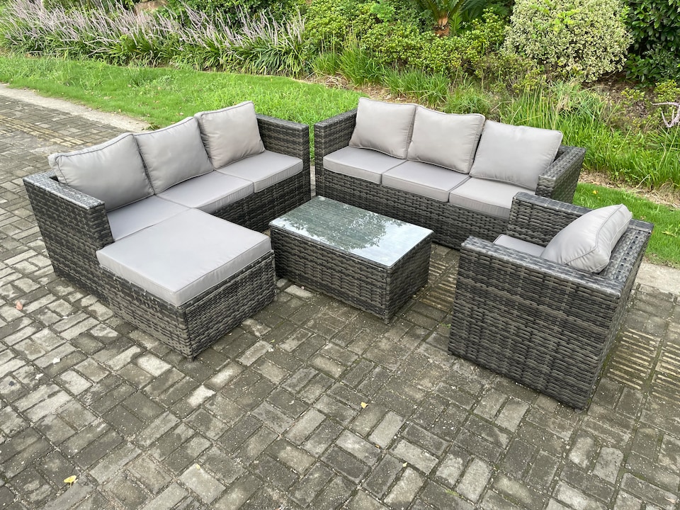image 1 of Fimous 8 Seater Rattan Garden Furniture Set Indoor Outdoor Patio Sofa Set with Oblong Coffee Table Armchair Big Footstool Dark Grey Mixed