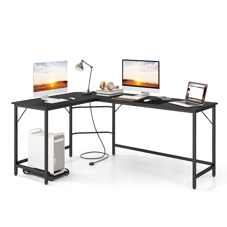 image 1 of COSTWAY L-Shaped Desk with Power Outlet Computer Desk Black