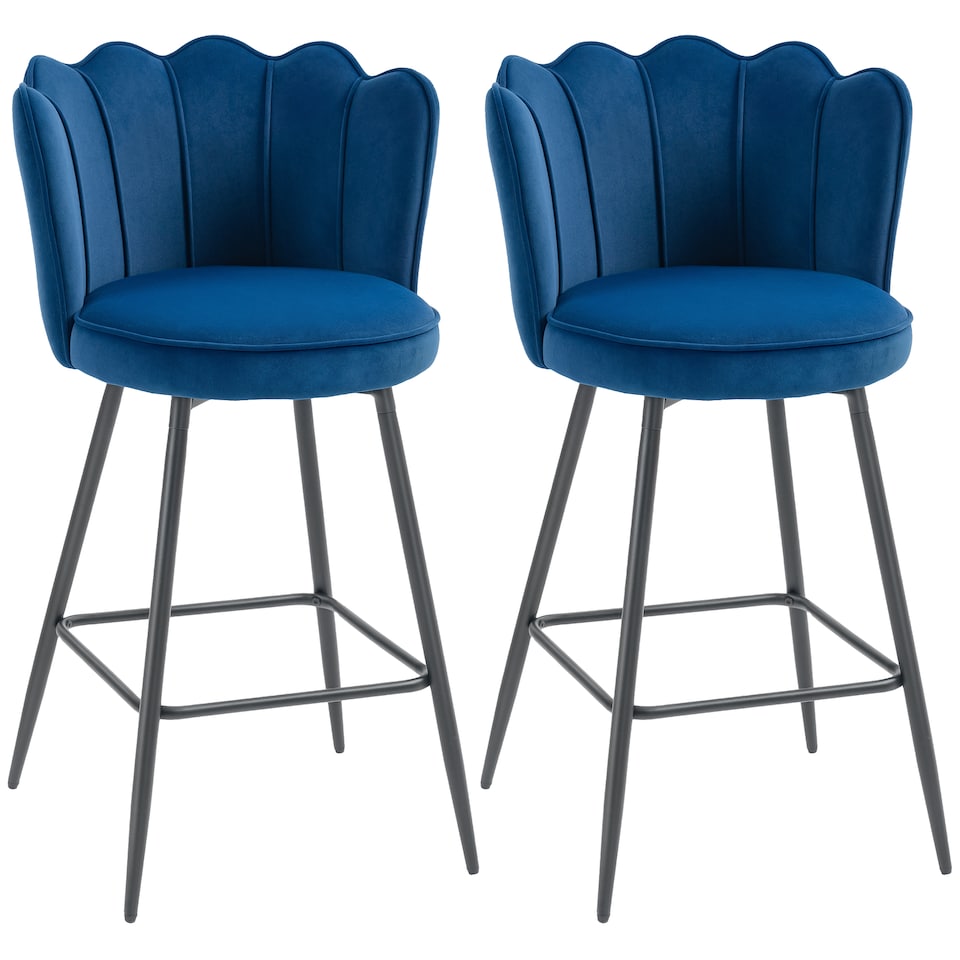 image 1 of HOMCOM Bar Stools Set of 2, Modern Velvet-Feel Barstools with Petal Backrest and Footrest, Upholstered Breakfast Bar Chairs with Metal Legs for Kitchen Island Counter, Dining Room, Dark Blue | Blue | Dark Blue | 2