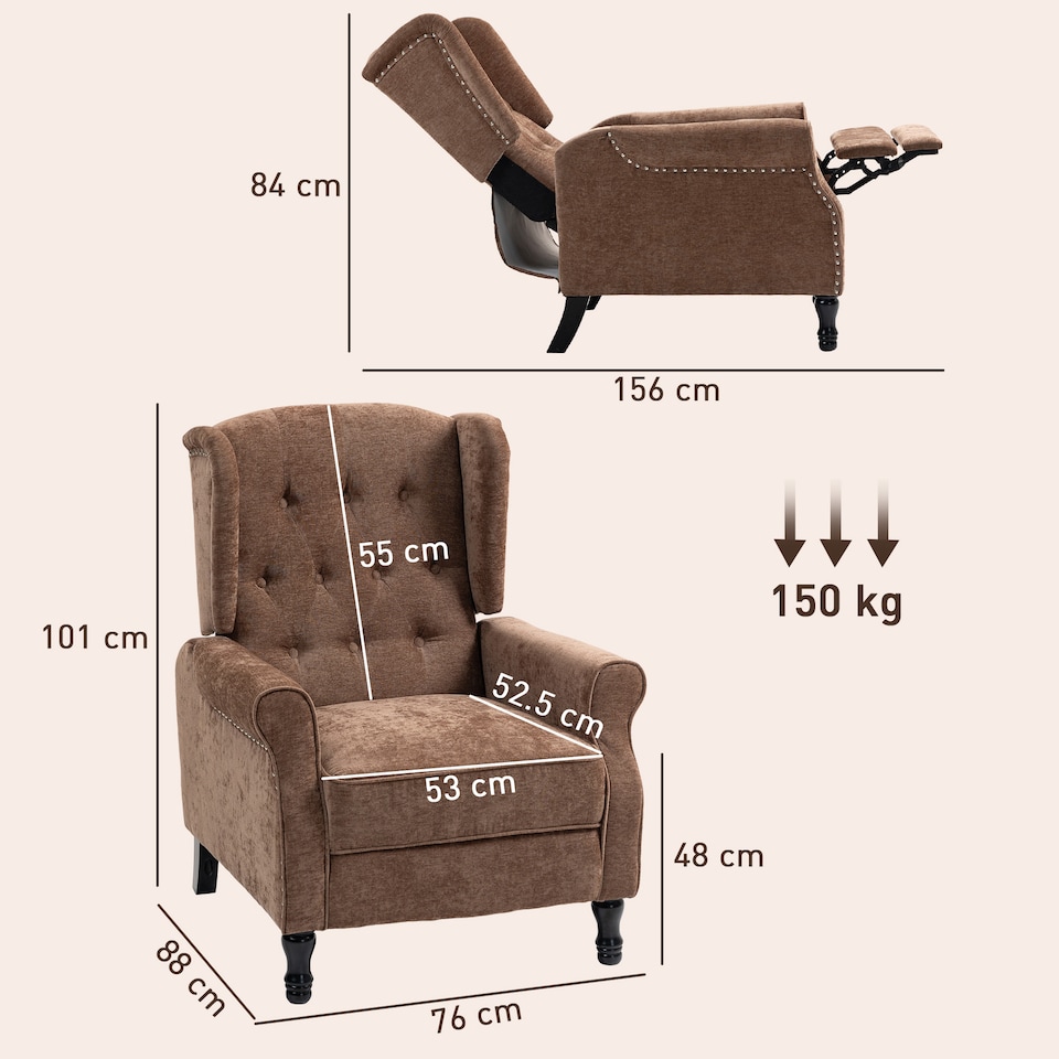 image 1 of HOMCOM Recliner Armchair, Vintage Reclining Chair with Nail Head Trim, Wingback Chair with Button Tufted Back and Footrest, for Living Room, Brown | Brown | Brown