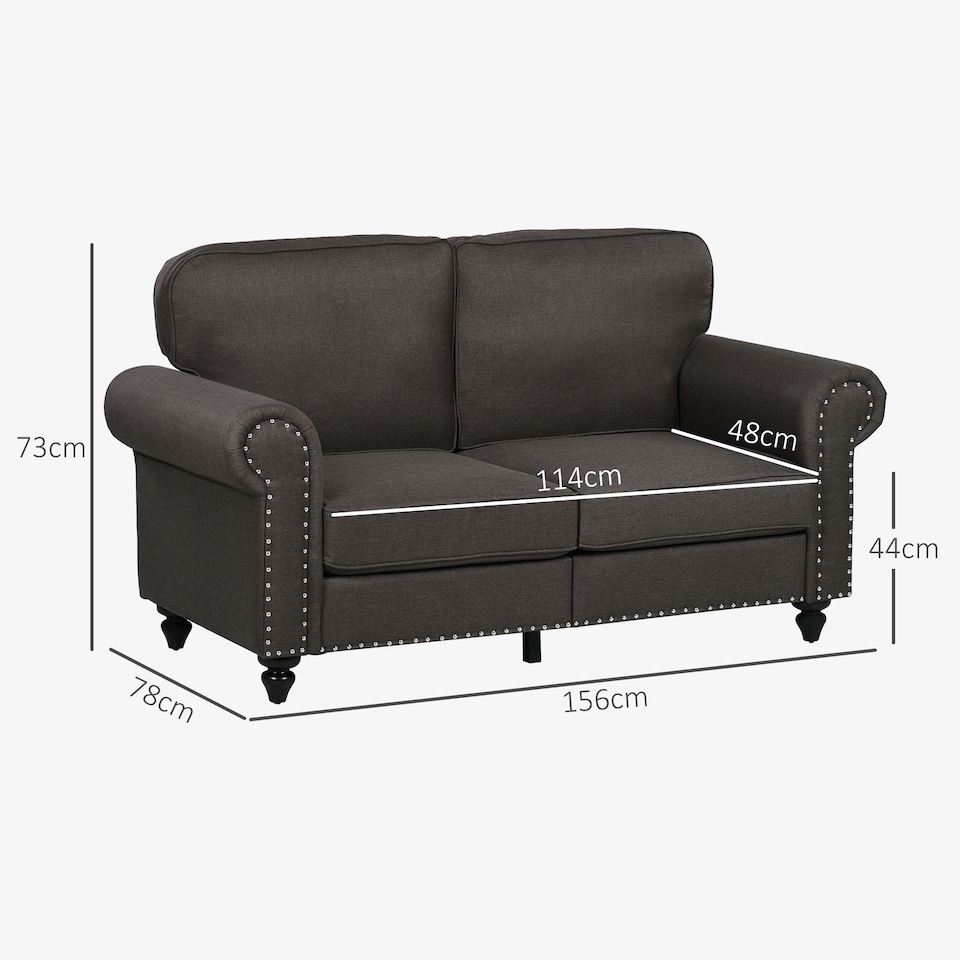 image 1 of HOMCOM 2 Seater Sofa, Fabric Sofa Couch with Nailhead Trim Rolled Arm and Slatted Wood Frame, Upholstered Loveseat Settee for Living Room, Bedroom, Home Office, Dark Brown