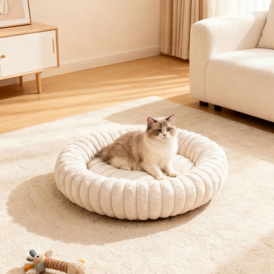 image 1 of Living and Home 6 Colour Soft Donut Pet Bed for Cats & Dogs,Warm & Cosy Retreat | White | White | XL | 1